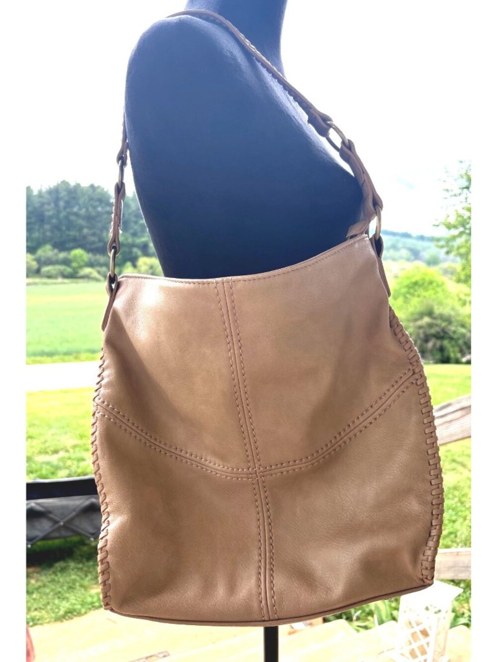 Hobo Handbag Tan Vegan Leather Purse Shoulder Strap Antik Kraft 12.5" x 11" x 4"